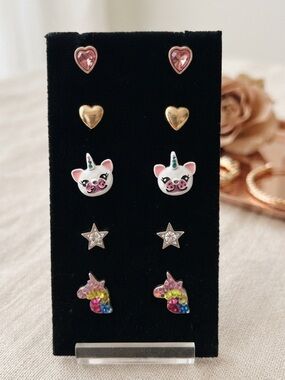 Kids Unicorn and Heart Stud Earring Set - Pink, Gold, Multicolor